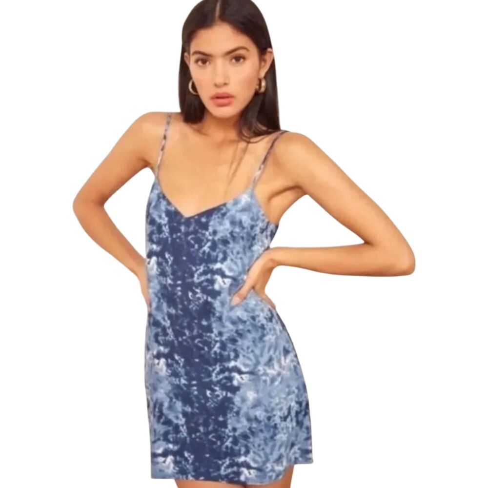 Reformation Seville Blue White Tie-Dye Piscine Mini Slip Dress, Size Medium